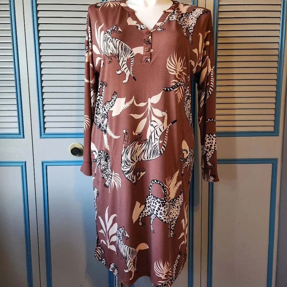 Breezies Brown Cheetah Print Dress - Picture 2 of 11
